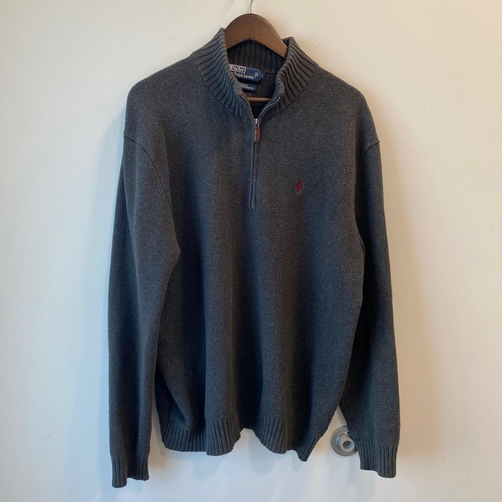 Polo Ralph Lauren Sweater Mens L Grey Quarter Zip Cotton Knit Mock Neck Pullover